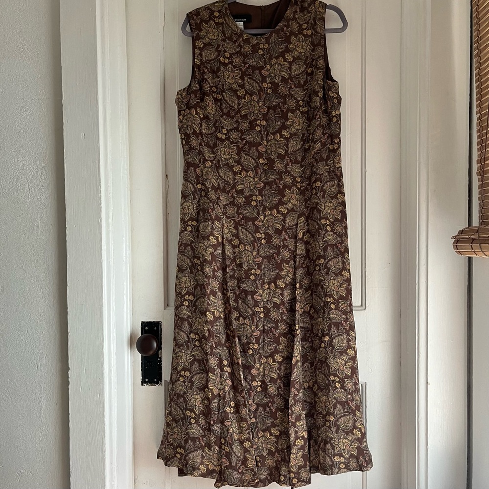 Vintage Silk Midi Dress Brown Floral Paisley Panel size 16